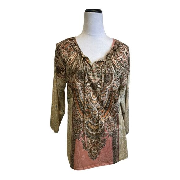 new directions Tops - New‎ Direction Boho Brown Print  Tie Front Tunic Blouse Size S